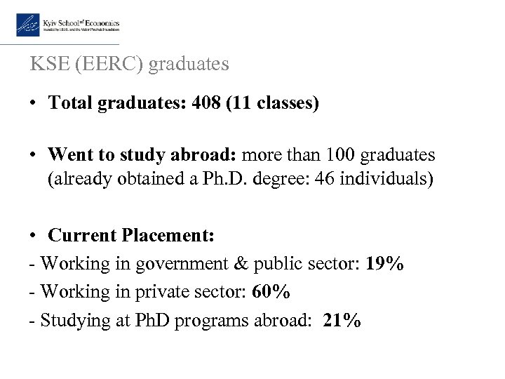 KSE (EERC) graduates • Total graduates: 408 (11 classes) • Went to study abroad: