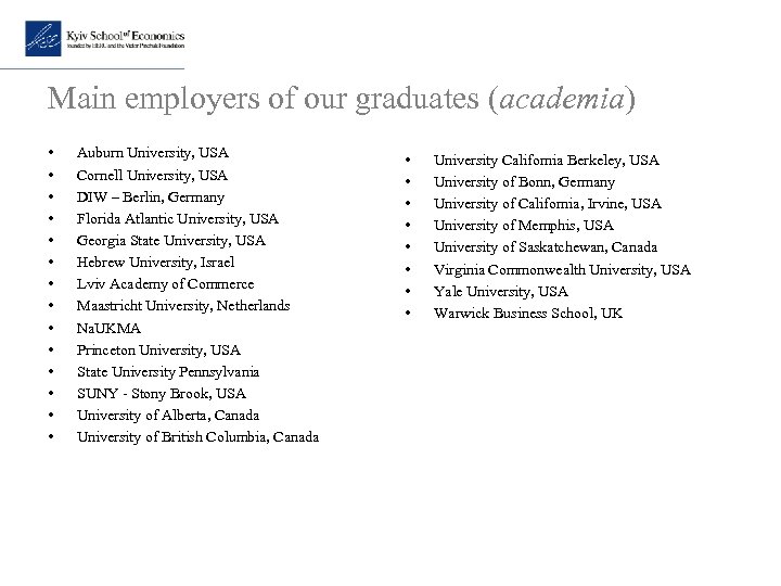 Main employers of our graduates (academia) • • • • Auburn University, USA Cornell