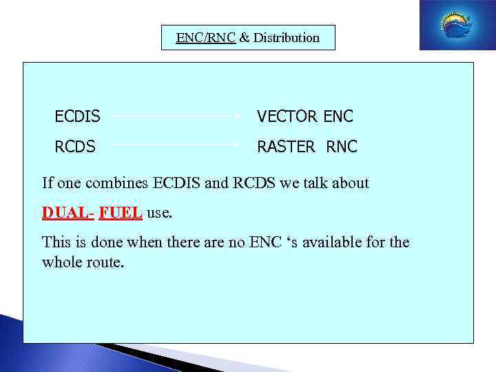 ENC/RNC & Distribution ECDIS VECTOR ENC RCDS RASTER RNC If one combines ECDIS and