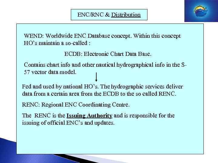 ENC/RNC & Distribution WEND: Worldwide ENC Database concept. Within this concept HO’s maintain a