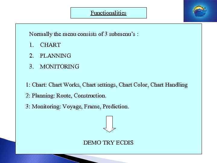 Functionalities Normally the menu consists of 3 submenu’s : 1. CHART 2. PLANNING 3.