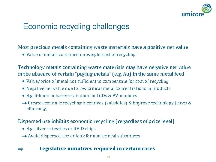 Economic recycling challenges Most precious metals containing waste materials have a positive net value