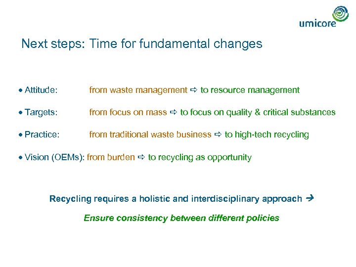 Next steps: Time for fundamental changes · Attitude: from waste management to resource management
