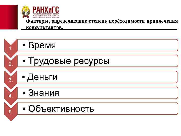 Факторы, определяющие степень необходимости привлечения консультантов. 1. • Время 2. • Трудовые ресурсы 3.