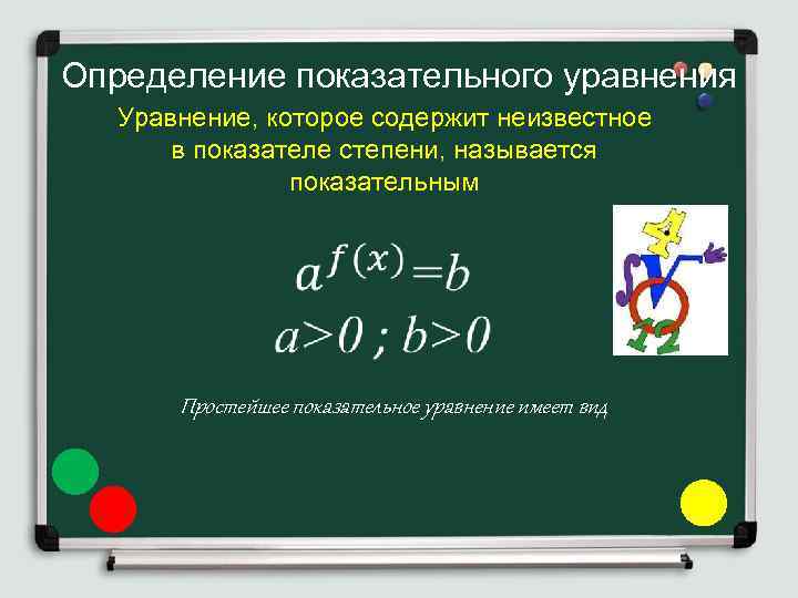 Определение показательного уравнения Уравнение, которое содержит неизвестное в показателе степени, называется показательным Простейшее показательное