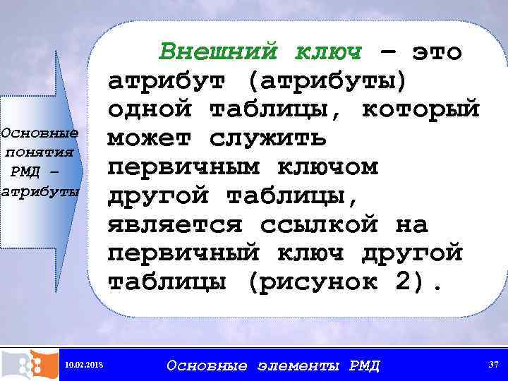 Основные понятия РМД – атрибуты 10. 02. 2018 Внешний ключ – это атрибут (атрибуты)