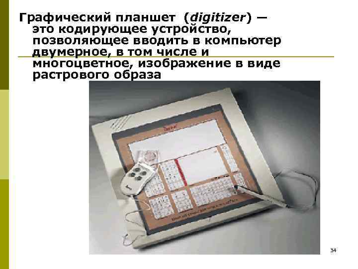 Графический планшет (digitizer) — это кодирующее устройство, позволяющее вводить в компьютер двумерное, в том