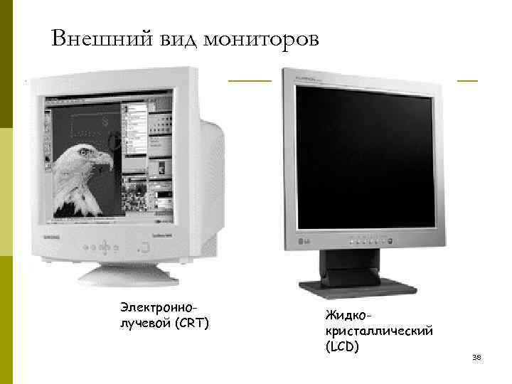 Внешний вид мониторов Электроннолучевой (CRT) Жидкокристаллический (LCD) 38 