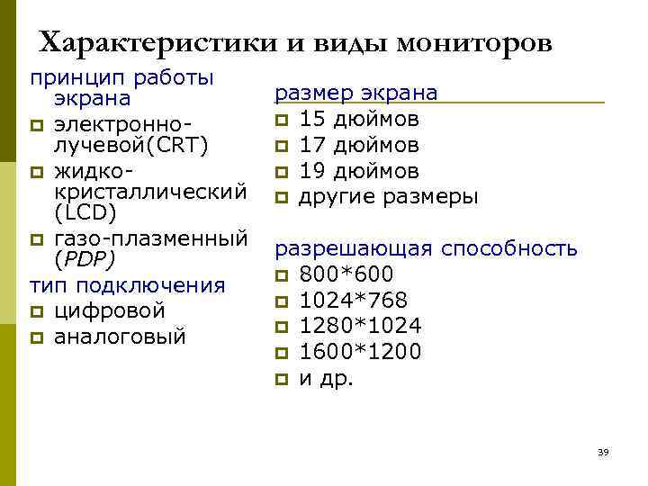 Характеристики и виды мониторов принцип работы размер экрана p 15 дюймов p электронноp 17