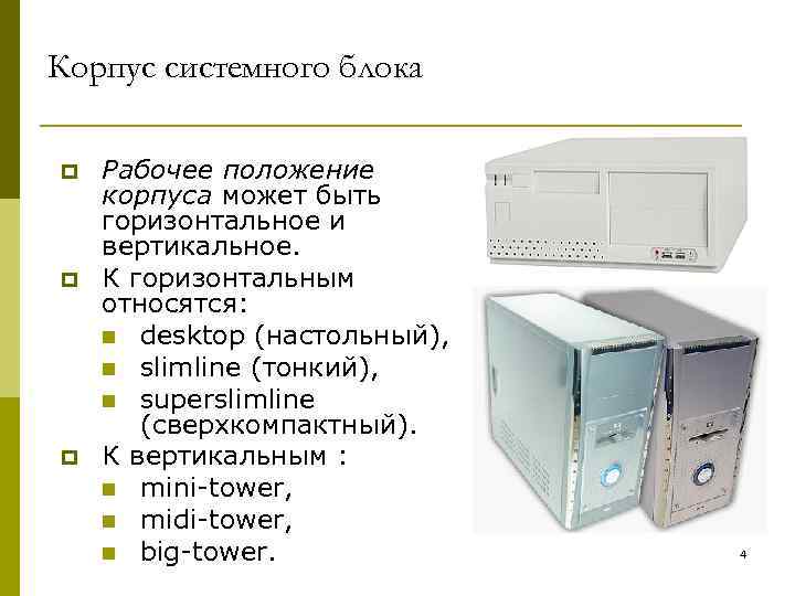 Корпус системного блока p p p Рабочее положение корпуса может быть горизонтальное и вертикальное.