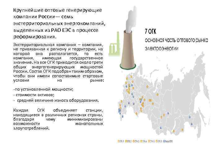 Крупнейшие оптовые генерирующие компании России— семь экстерриториальных энергокомпаний, выделенных из РАО ЕЭС в процессе