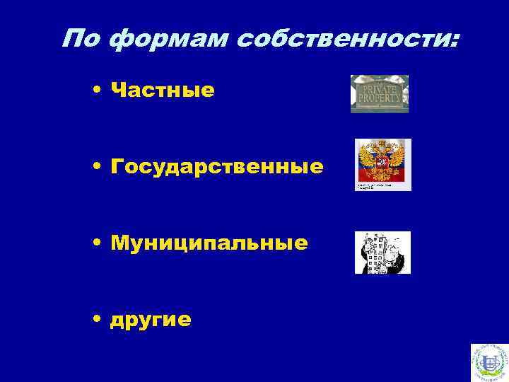 По формам собственности: • Частные • Государственные • Муниципальные • другие 