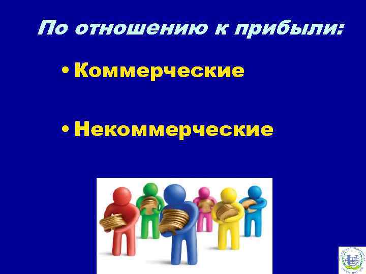 По отношению к прибыли: • Коммерческие • Некоммерческие 