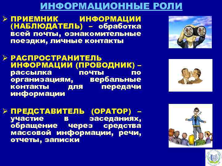 ИНФОРМАЦИОННЫЕ РОЛИ Ø ПРИЕМНИК ИНФОРМАЦИИ (НАБЛЮДАТЕЛЬ) – обработка всей почты, ознакомительные поездки, личные контакты