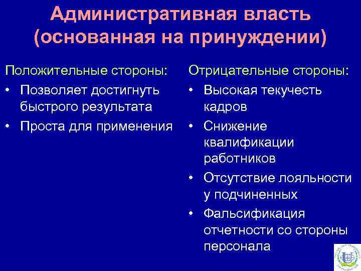 Административная власть (основанная на принуждении) Положительные стороны: • Позволяет достигнуть быстрого результата • Проста