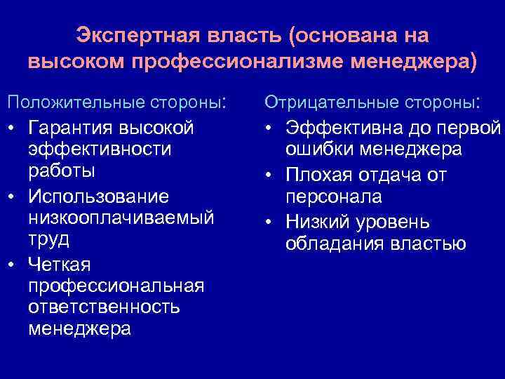 Экспертная власть (основана на высоком профессионализме менеджера) Положительные стороны: Отрицательные стороны: • Гарантия высокой