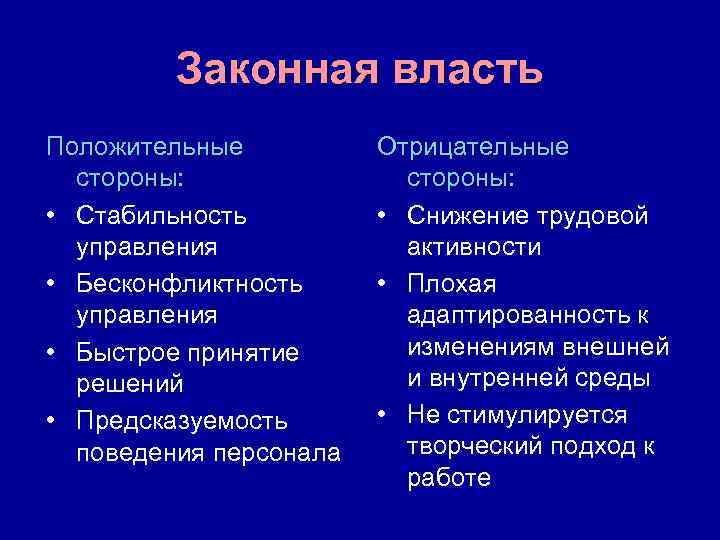 Законная власть Положительные стороны: • Стабильность управления • Бесконфликтность управления • Быстрое принятие решений
