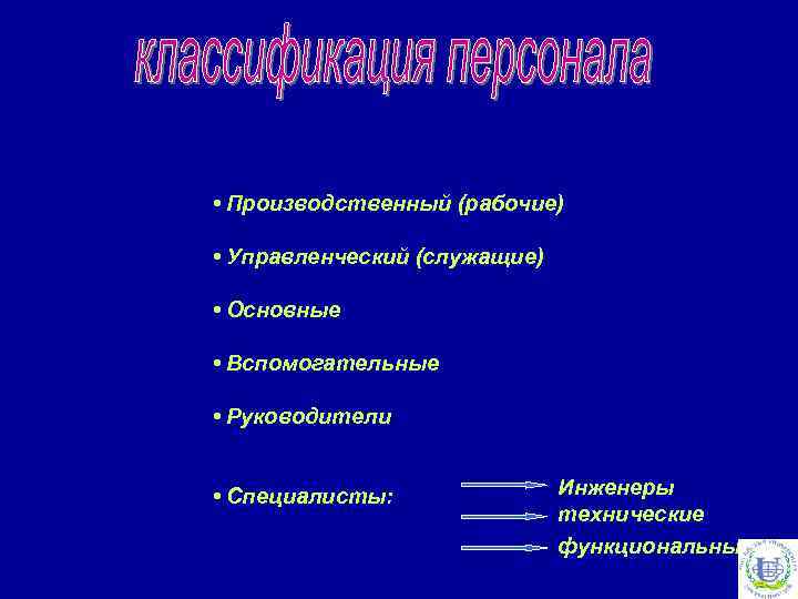  • Производственный (рабочие) • Управленческий (служащие) • Основные • Вспомогательные • Руководители •