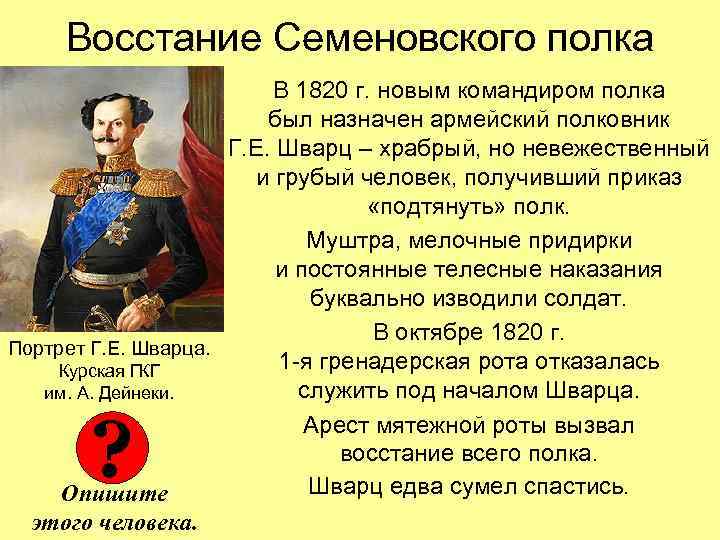 Восстание Семеновского полка В 1820 г. новым командиром полка был назначен армейский полковник Г.