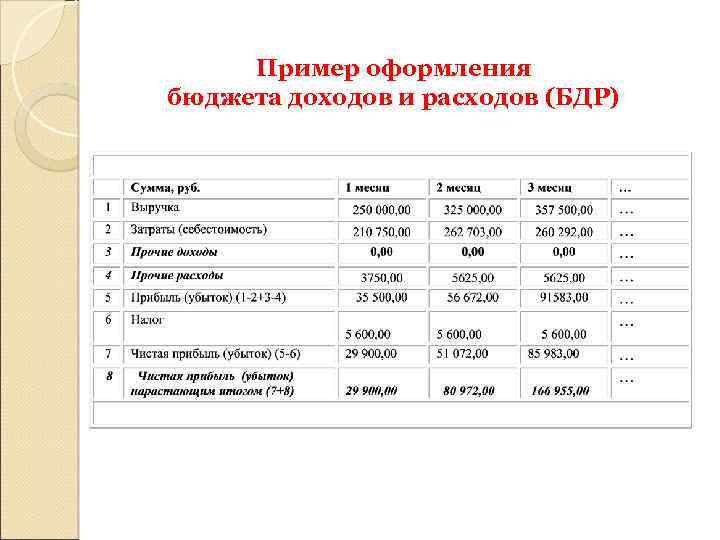 Пример оформления бюджета доходов и расходов (БДР) 