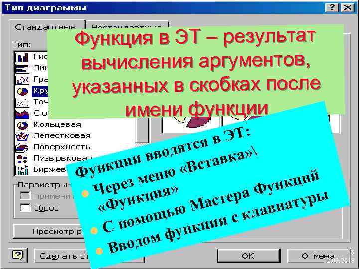 Функция в ЭТ – результат вычисления аргументов, указанных в скобках после имени функции ЭТ: