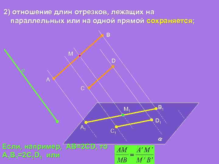 2) отношение длин отрезков, лежащих на параллельных или на одной прямой сохраняется; B М