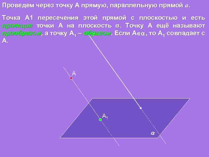 Проведем через точку А прямую, параллельную прямой а. Точка А 1 пересечения этой прямой