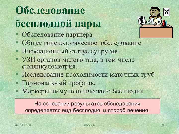 Обследование бесплодной пары § § Обследование партнера Общее гинекологическое обследование Инфекционный статус супругов УЗИ