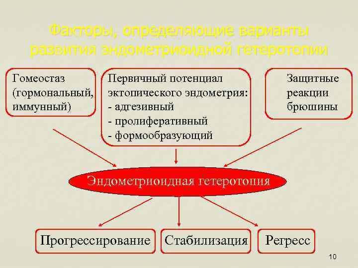 Факторы, определяющие варианты развития эндометриоидной гетеротопии Гомеостаз (гормональный, иммунный) Первичный потенциал эктопического эндометрия: -