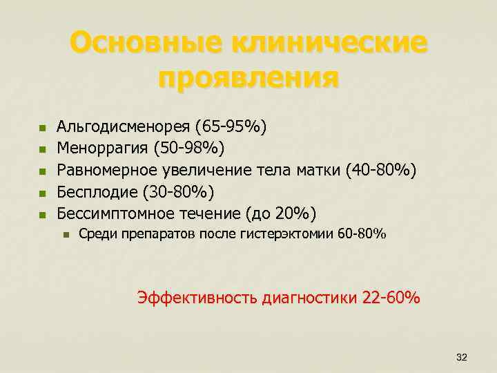 Основные клинические проявления n n n Альгодисменорея (65 -95%) Меноррагия (50 -98%) Равномерное увеличение