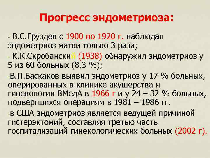 Прогресс эндометриоза: В. С. Груздев с 1900 по 1920 г. наблюдал эндометриоз матки только