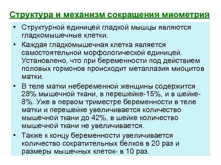 Структура и механизм сокращения миометрия • Структурной единицей гладкой мышцы являются гладкомышечные клетки. •