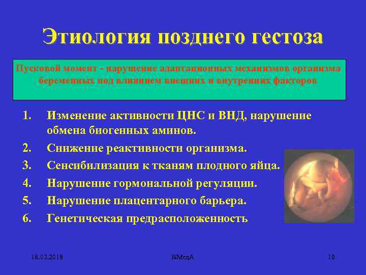 Этиология позднего гестоза Пусковой момент - нарушение адаптационных механизмов организма беременных под влиянием внешних