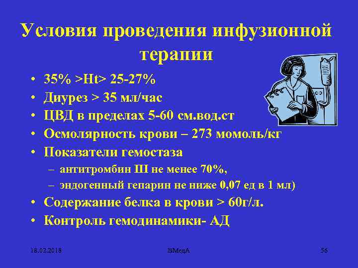 Условия проведения инфузионной терапии • • • 35% >Ht> 25 -27% Диурез > 35