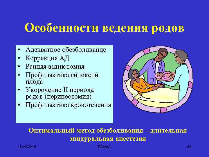 Особенности ведения родов • • Адекватное обезболивание Коррекция АД Ранняя амниотомия Профилактика гипоксии плода