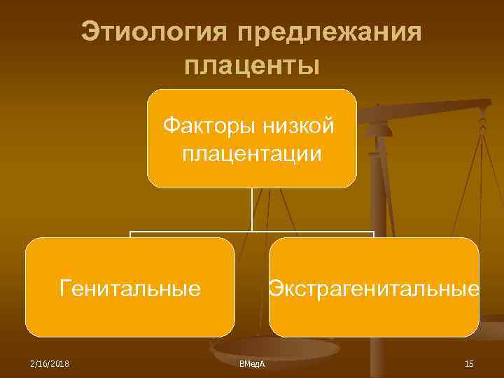 Этиология предлежания плаценты Факторы низкой плацентации Генитальные 2/16/2018 Экстрагенитальные ВМед. А 15 