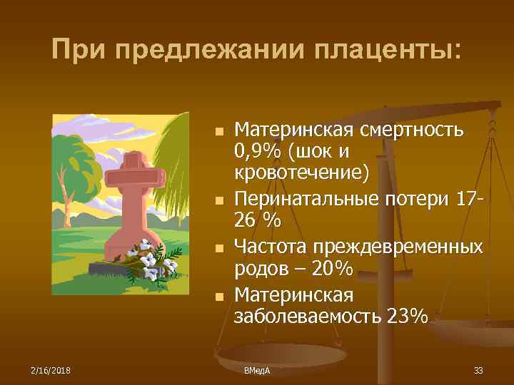 При предлежании плаценты: n n 2/16/2018 Материнская смертность 0, 9% (шок и кровотечение) Перинатальные