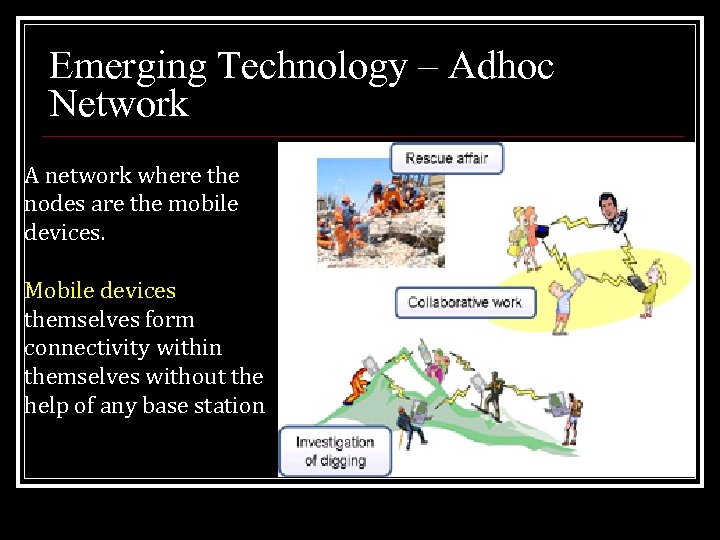 Emerging Technology – Adhoc Network A network where the nodes are the mobile devices.