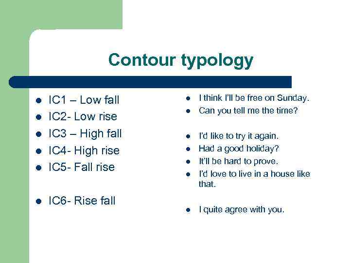 Contour typology l IC 1 – Low fall IC 2 - Low rise IC