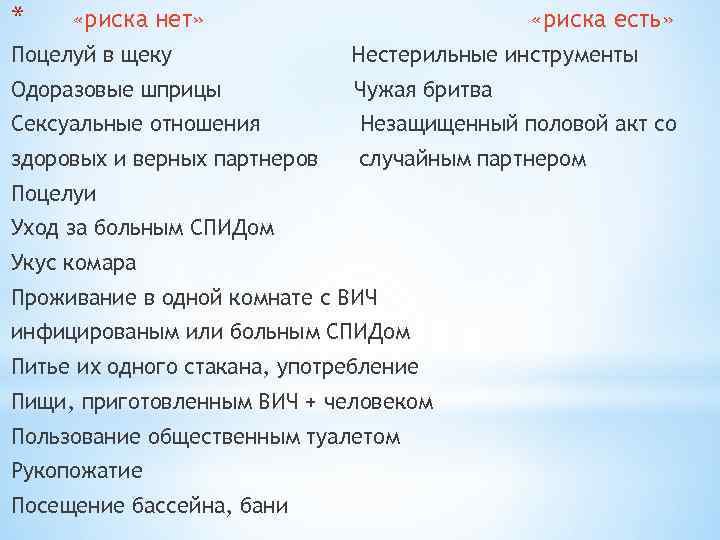* «риска нет» «риска есть» Поцелуй в щеку Нестерильные инструменты Одоразовые шприцы Чужая бритва
