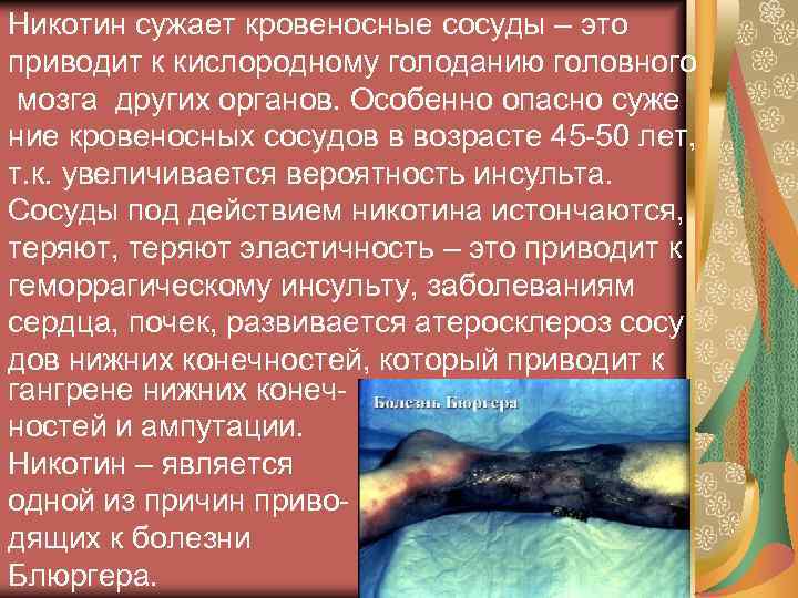 Никотин сужает кровеносные сосуды – это приводит к кислородному голоданию головного мозга других органов.