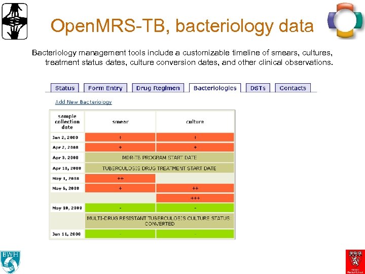 Open. MRS-TB, bacteriology data Bacteriology management tools include a customizable timeline of smears, cultures,