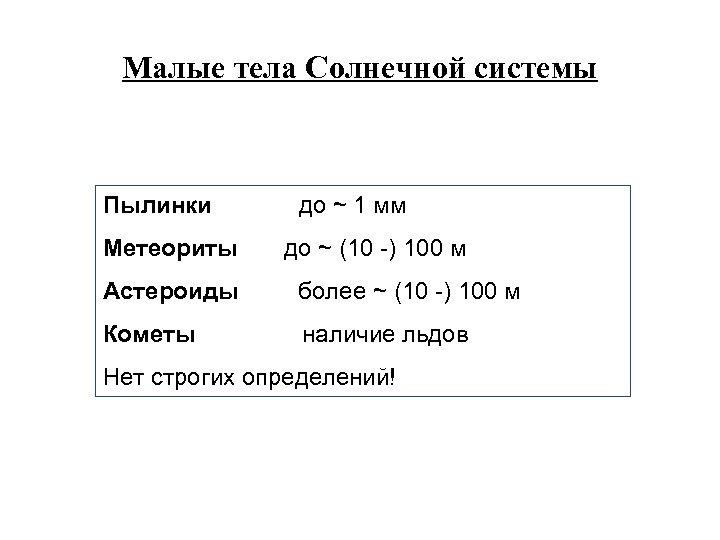 Малые тела Солнечной системы Пылинки Метеориты до ~ 1 мм до ~ (10 -)