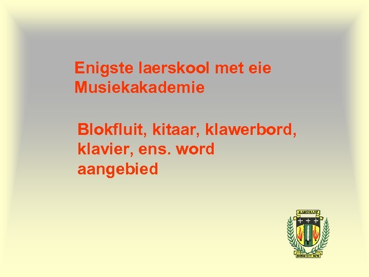 Enigste laerskool met eie Musiekakademie Blokfluit, kitaar, klawerbord, klavier, ens. word aangebied 