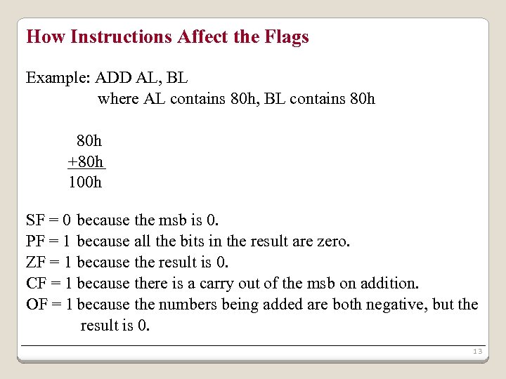 How Instructions Affect the Flags Example: ADD AL, BL where AL contains 80 h,
