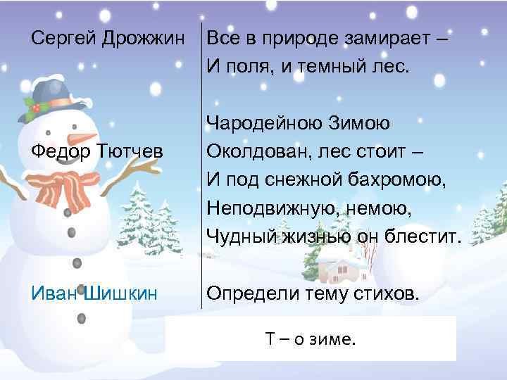 Сергей Дрожжин Федор Тютчев Иван Шишкин Все в природе замирает – И поля, и