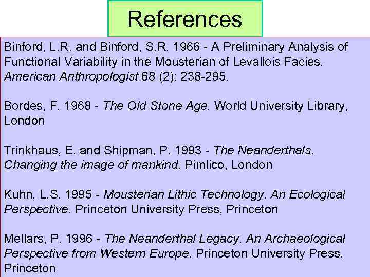 References Binford, L. R. and Binford, S. R. 1966 - A Preliminary Analysis of