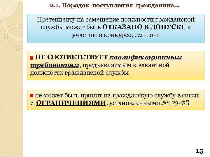 2. 1. Порядок поступления гражданина… Претенденту на замещение должности гражданской службы может быть ОТКАЗАНО