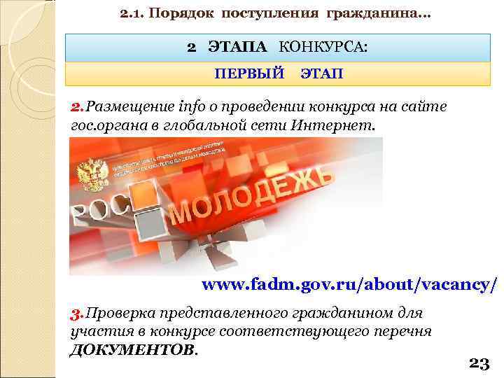 2. 1. Порядок поступления гражданина… 2 ЭТАПА КОНКУРСА: ПЕРВЫЙ ЭТАП 2. Размещение info о
