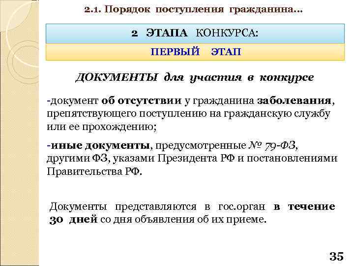 2. 1. Порядок поступления гражданина… 2 ЭТАПА КОНКУРСА: ПЕРВЫЙ ЭТАП ДОКУМЕНТЫ для участия в
